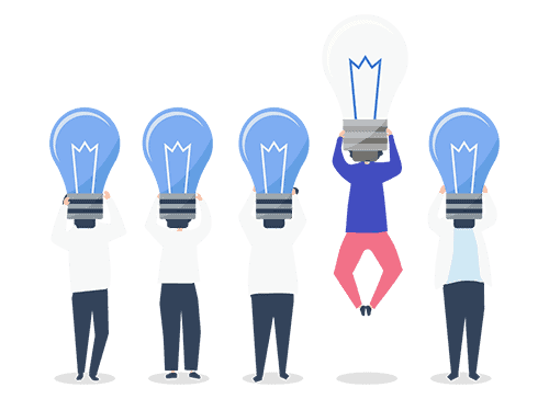 A row of people with ideas with one standout